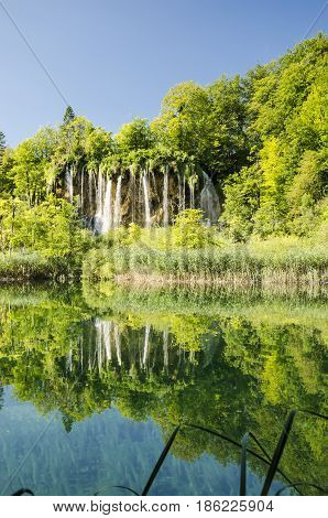 landscape of plitvice national lake park at sunset unesco heritage site plitvice croatia.