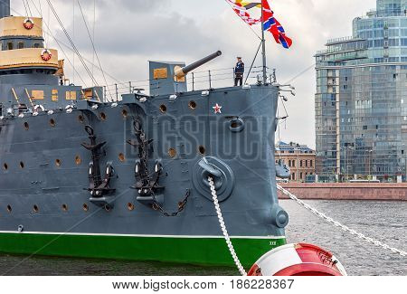 ST. PETERSBURG RUSSIA - JULY 29 2016: The legendary revolutionary cruiser Aurora at the place of eternal parking on the Petrograd embankment