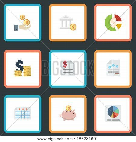 Flat Coins Pile, Stock, Bank And Other Vector Elements. Set Of Registration Flat Symbols Also Includes Accumulation, Saving, Profit Objects.