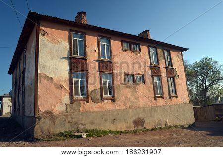 Railwaystation  Sary Shagan. Residenial buildigs jf 1950-th.Former Soviet  anti-ballistic missile testing range Sary Shagan.May 8, 2017.Sary Shagan.Kazakhstan