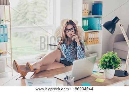Full Size Photo Of Elegant Business Lady Lawyer Sitting In Her Office With Attractive Legs At The To
