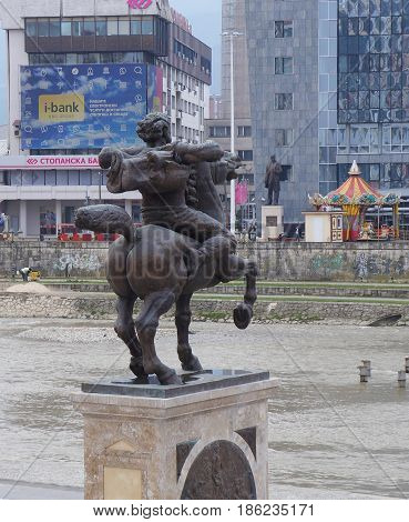 SKOPJE, MACEDONIA - MARCH 9, 2017:  Statue of Karpos in front of Museum of archaeology in Skopje