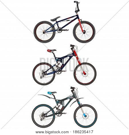 Vector set of sport bikes. Bmx and mountain bicycles flat style design elements isolated on white background.