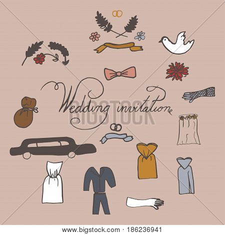 Hand drawn doodle Wedding day collection Vector illustration Sketchy Marriage icons. Set of icons for Engagement get married love and romantic event Bride