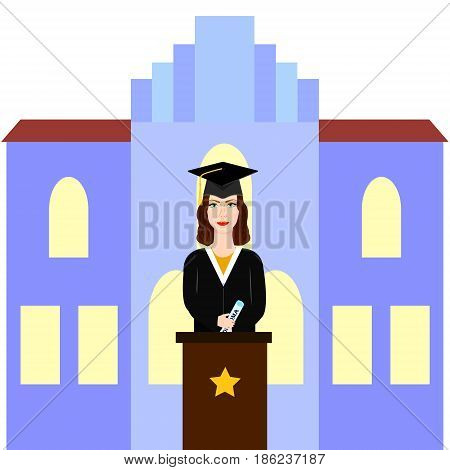 Graduate female student giving speech on the tribune with university back.
