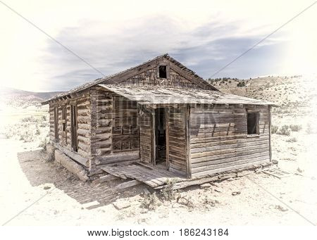 old abandoned school house in western Colorado, image processed as hand tinted opalotype