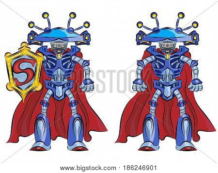 Robot superhero in a red cloak alien funny