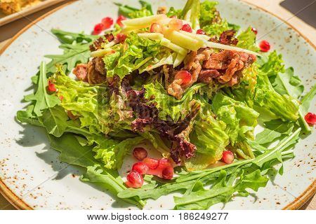 Fusion salad with duck meat and pomegranate seeds