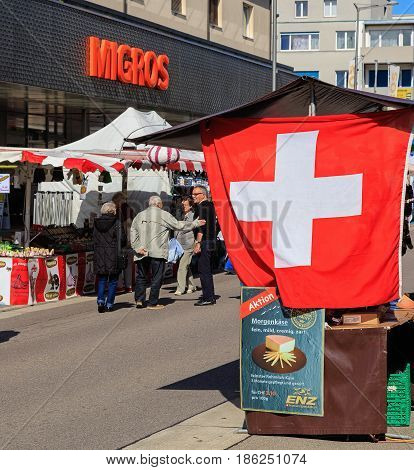 Wallisellen, Switzerland - 13 May, 2017: people on a street market arranged in Wallisellen annually in May. Wallisellen is a municipality in the Swiss canton of Zurich.
