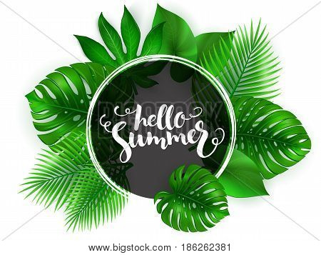 vector illustration of hand lettering - hello summer - with circle on a background of tropical leaves - monstera , palm, aralia.