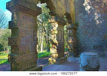 Bristol UK - April 02 2017: View of Vanbrugh's Echo pavilion showing the lost statue at the centre. The Echo is a loggia at the end of the southeast axis of the Kings Weston house in Bristol Uk