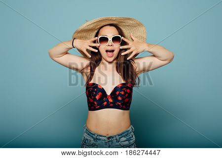 Playful Girl In Hat And Sunglasses