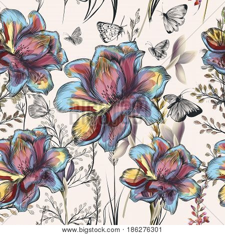 Flower vector pattern with plants. Vintage provance style