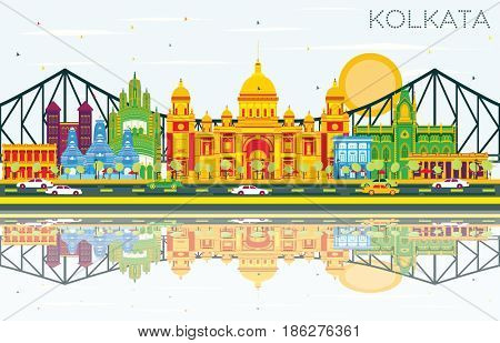 Kolkata Skyline with Color Landmarks, Blue Sky and Reflections. Business Travel and Tourism Concept with Historic Buildings. Image for Presentation Banner Placard and Web Site.