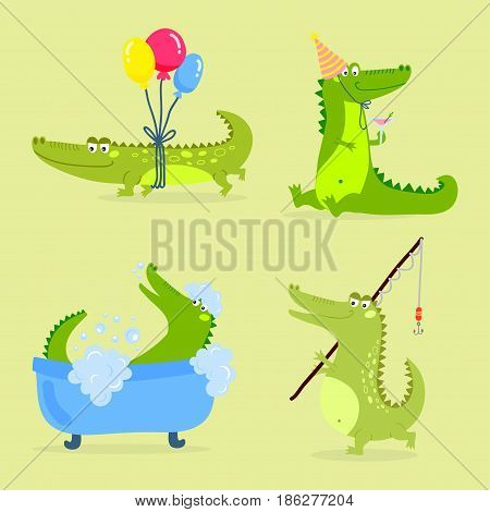 Cartoon green crocodile funny predator and australian wildlife river reptile carnivore alligator scales teeth flat vector illustration. Tropical africa safari zoo character crocodylus.