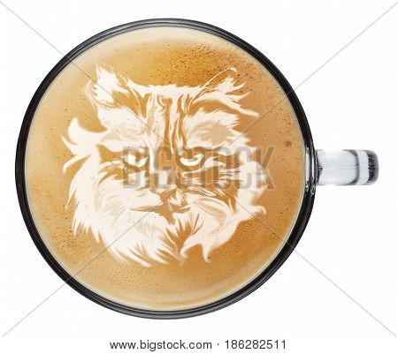 cup of coffee latte with foam isolated on white background. Top view latte art coffee. Cat muzzle on latte art drawing coffee cup