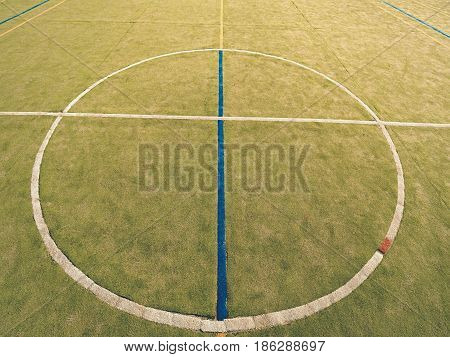 Circle In Middle Of Court. Empty Outdoor Handball Playground, Plastic Light Green Surface