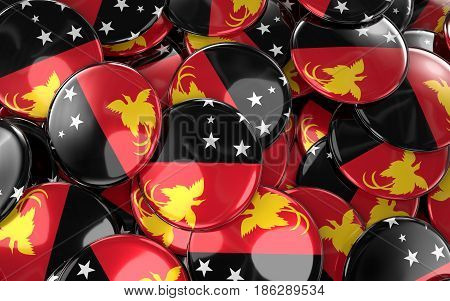 Papua New Guinea Badges Background - Pile Of Papuan Flag Buttons.