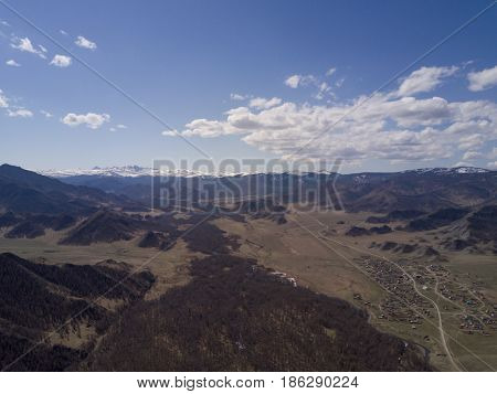 Altai mountains. Beautiful highland landscape. Russia. Siberia. Flight on quadcopter. Top view