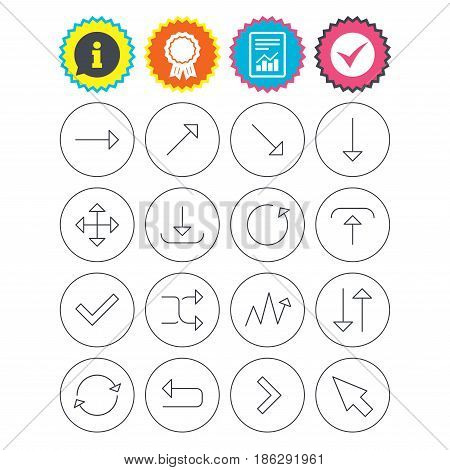 Report, information and award signs. Arrows line icons. Download, upload, check or tick symbols. Refresh, fullscreen and shuffle thin outline signs. Check tick symbol. Flat buttons. Vector