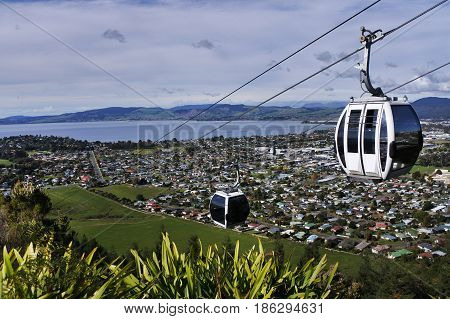 Riding Cable Car Above Rotorua North Island New Zealand