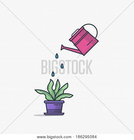 Watering can watering house plant in flowerpot. Line style flat illustration of house plant with leaves in pot. Thin lines. Business growth and investment concept