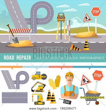 Road construction and road repair infographic. Repair is expensive in the city. Road works construction and repair elements