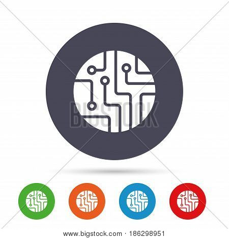 Circuit board sign icon. Technology scheme circle symbol. Round colourful buttons with flat icons. Vector