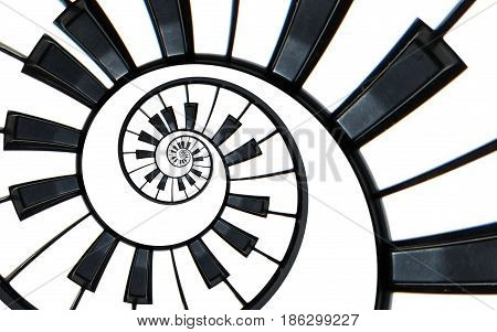 Piano keyboard abstract fractal spiral pattern background. Black and white piano keys round spiral. Spiral stair. Piano concept pattern abstract background. Abstract isolated piano on white. Spiral