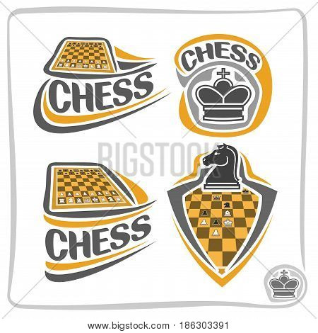 Vector set icons for Chess game: piece of queen crown, 4 abstract clip art logo with title text - chess, chessman of knight horse, emblem shield on chess board theme, fun chessboard isolated on white.