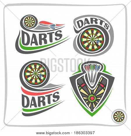 Vector set icons for Darts game: thrown arrow in bullseye of dartboard, 4 abstract clip art logo with title text - darts, graphic image of sports emblem shield on dart board theme, isolated on white.