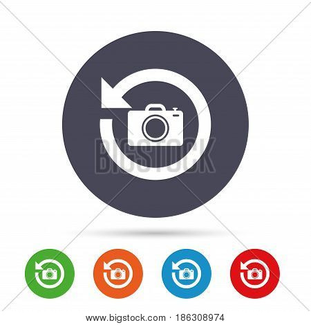 Front photo camera sign icon. Digital photo camera symbol. Change front to back. Round colourful buttons with flat icons. Vector