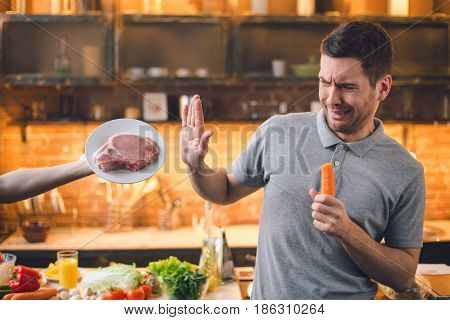 Young man vegan healthy lifestyle choice no meet