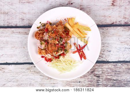 Spicy Crispy Deep-fried Karaoge Chicken Salad.