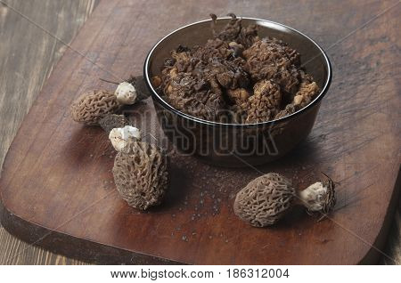 Morel fungus boiled ready for frying close up