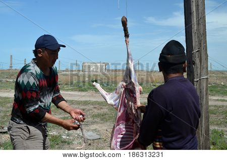 Area 38.(Ploshadka 38 ru.)People slaughtering a sheep on ruins space communication center.Sary Shagan.Former anti-ballistic missile testing range.Kazakhstan.May 6, 2017.Sary Shagan.Kazakhstan