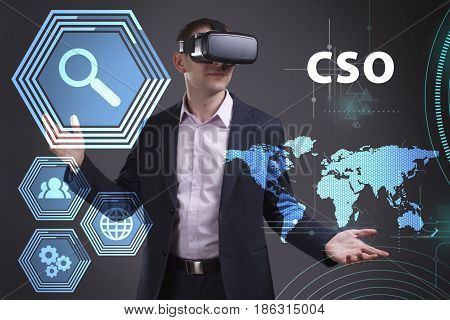Business, Technology, Internet And Network Concept. Young Businessman Working On A Virtual Screen Of