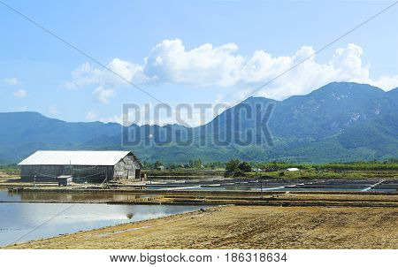 Transparent landscape with shrimp feeding farms in Vietnam