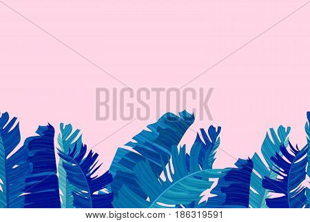 Seamless border with neon colored tropical exotic palm leaves on abstract pink blue style background. Fabric, wrapping paper print. Vector illustration stock vector.