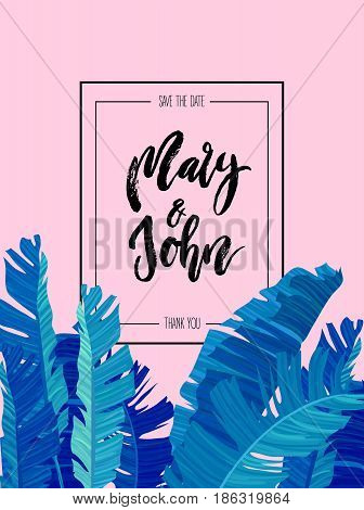 Tropical design with neon colored exotic palm leaves on abstract pink blue style background and wedding save date invitation. Fabric, wrapping paper print. Vector illustration stock vector.