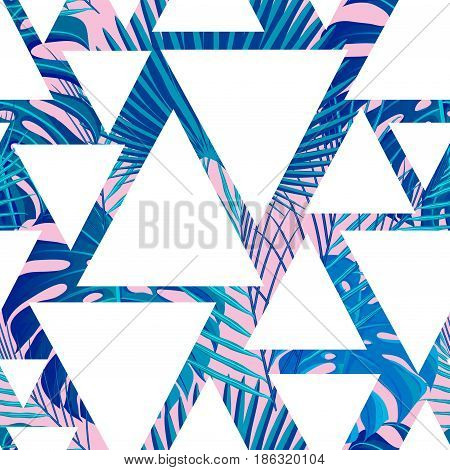 Seamless pattern with neon colored tropical exotic palm leaves on abstract geometric triangular white pink blue style background. Fabric, wrapping paper print. Vector illustration stock vector.