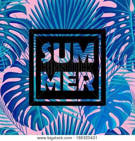 Seamless pattern with neon colored tropical exotic palm leaves on abstract pink blue style background and logo note summer print. Vector illustration stock vector.