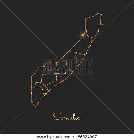 Somalia Region Map: Golden Glitter Outline With Sparkling Stars On Dark Background. Detailed Map Of