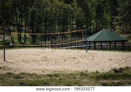 Peaceful Place, Gazebo Over A Beautiful Clean Lake. Spring Season. Rest.