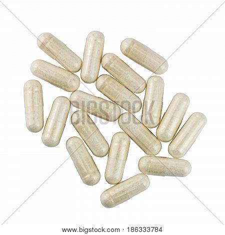 Capsules of glucosamine chondroitin healthy supplement pills isolated on white background top view.