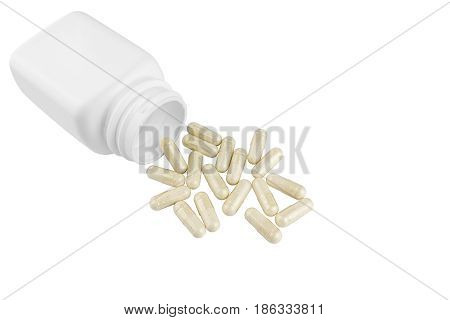 Capsules of glucosamine chondroitin healthy supplement pills and white container isolated on white background.