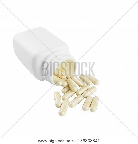 Capsules of glucosamine chondroitin healthy supplement pills and white container isolated on white background.