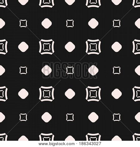 Vector seamless pattern, subtle geometric monochrome texture with simple figures, smooth outline squares, circles, staggered grid. Abstract dark repeat background. Design for tileable print, digital, web, textile, fabric, decoration