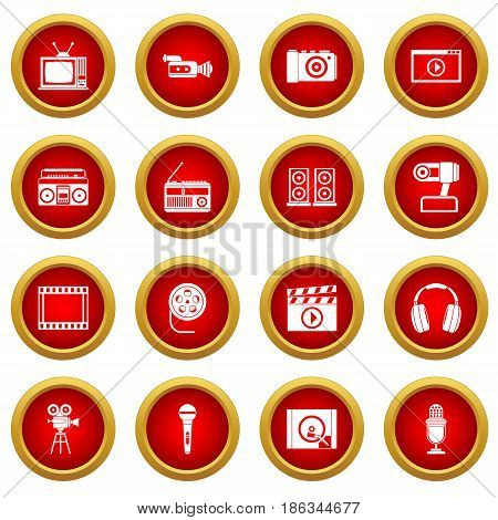 Audio and video icon red circle set isolated on white background