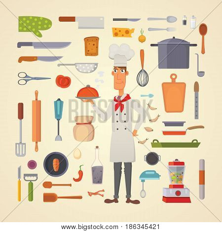 kitchen shelves and cooking utensils, chef character concept